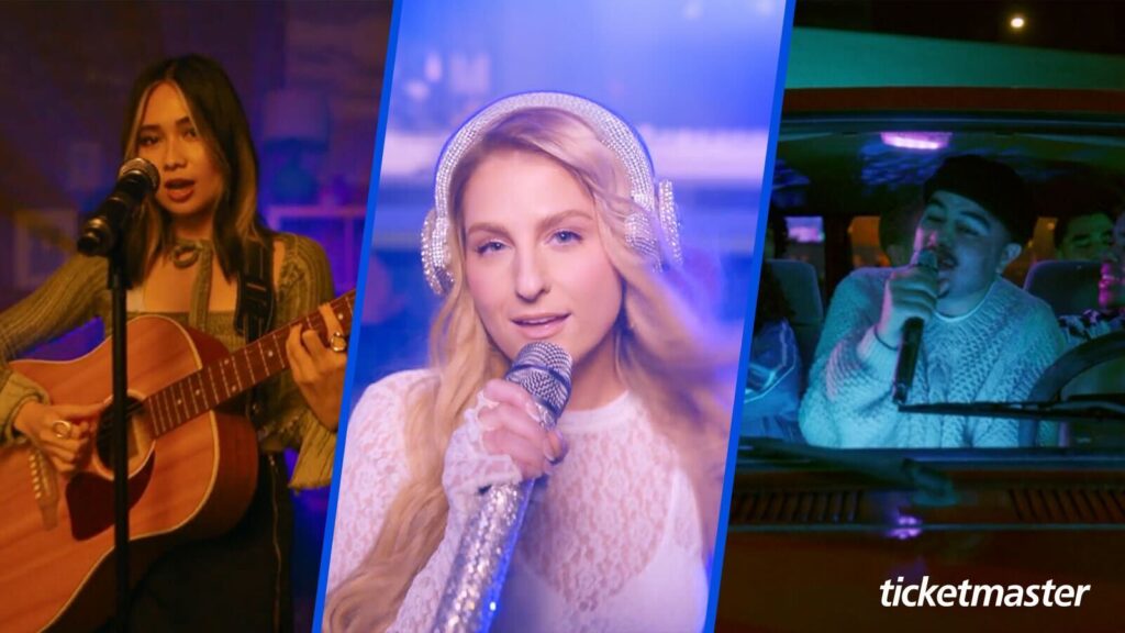 The image is a triptych featuring three musicians performing for a Shazam ad. On the left, a woman with long hair is playing an acoustic guitar and singing into a microphone. In the center, a woman with blonde hair is wearing sparkly headphones and holding a glittery microphone, appearing to sing in a well-lit setting. On the right, a man is singing into a microphone while sitting in a car with neon lighting, surrounded by other passengers. The Ticketmaster logo is displayed in the bottom right corner of the image.